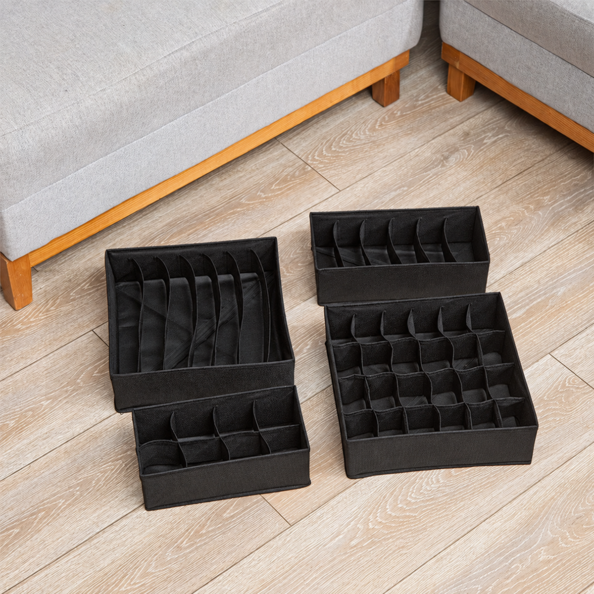 Four-piece black fabric drawer organizer set
