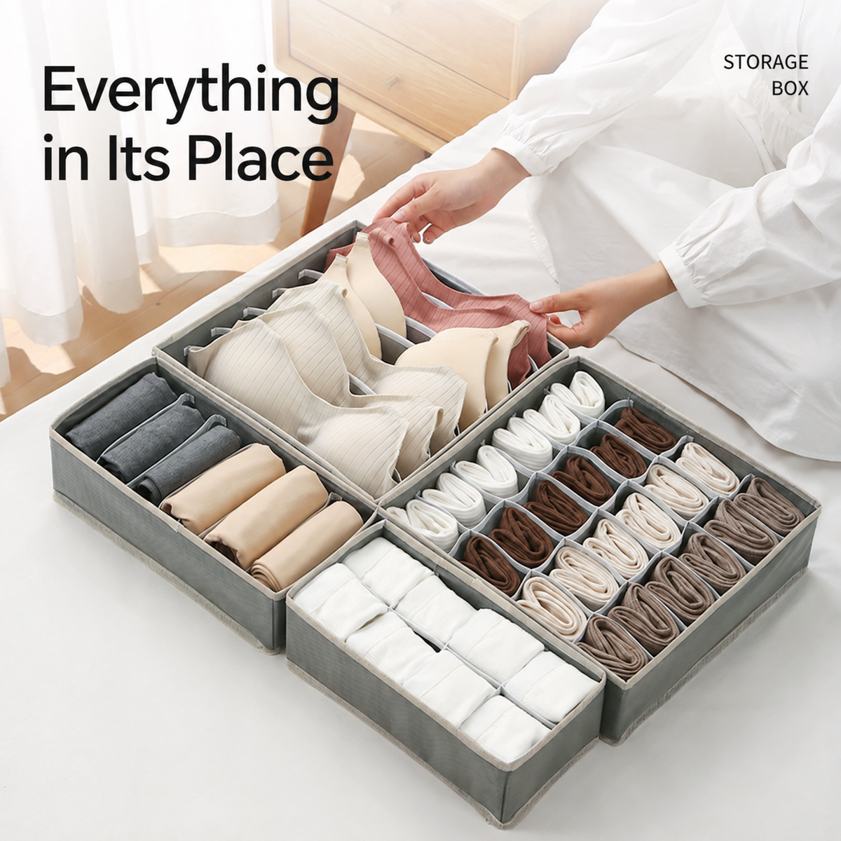 Gray fabric drawer organizer set