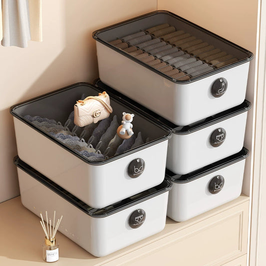 White underwear storage boxes with translucent black lids