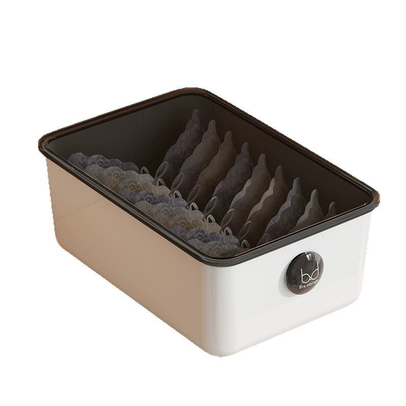 White bra storage box with a translucent black lid