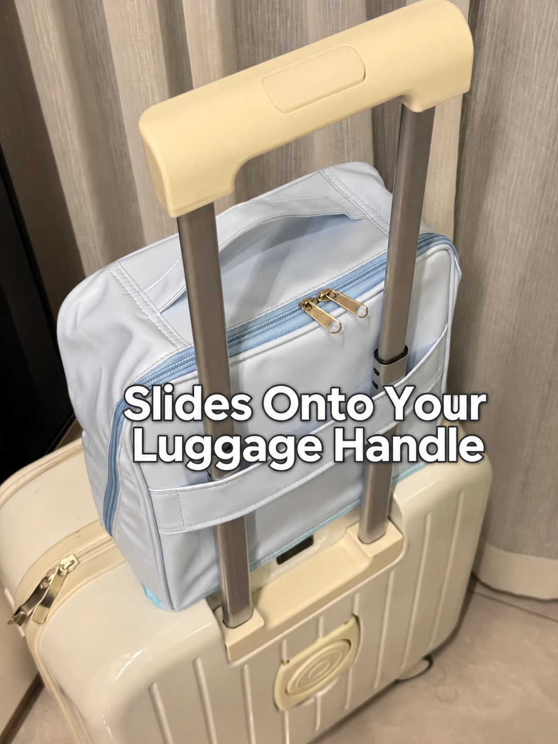 Travel makeup organizer showing its rear luggage-handle sleeve