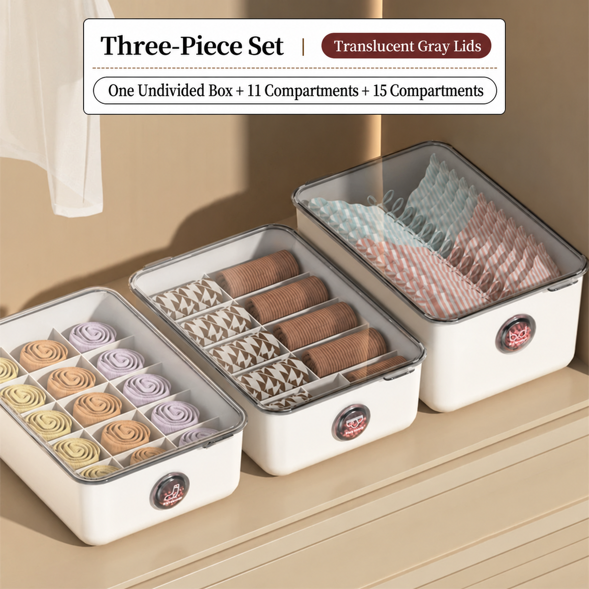 Three white underwear storage boxes with translucent gray lids