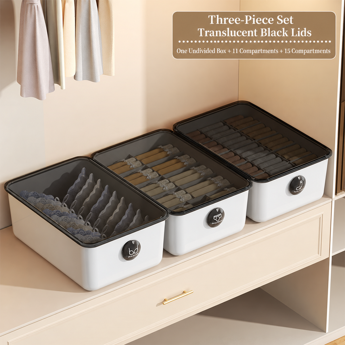 Three white underwear storage boxes with translucent black lids