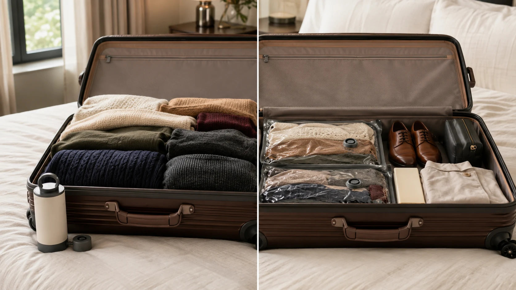 Suitcase before and after using vacuum compression storage bags